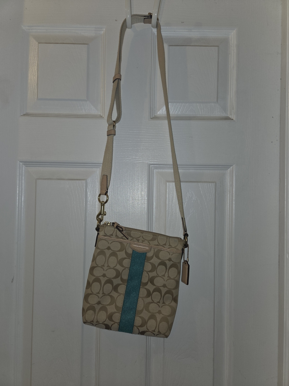 Coach Beige Signature Crossbody with Teal Stripe